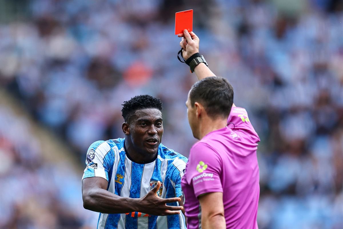Taiwo Awoniyi of Coventry City receives a red card