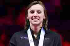 <p>Al Bello/Getty</p> Katie Ledecky during the medal ceremony on Day Five of the 2024 U.S. Olympic Team Swimming Trials.