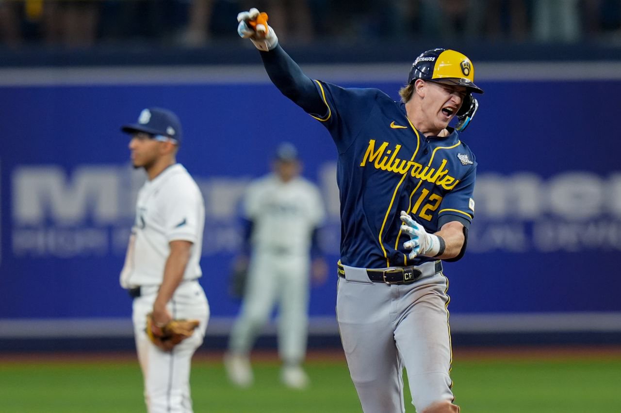 Brewers shortstop Cooper Pratt celebrates his solo home run in the 12th inning. It gave Milwaukee a 3-2 lead.