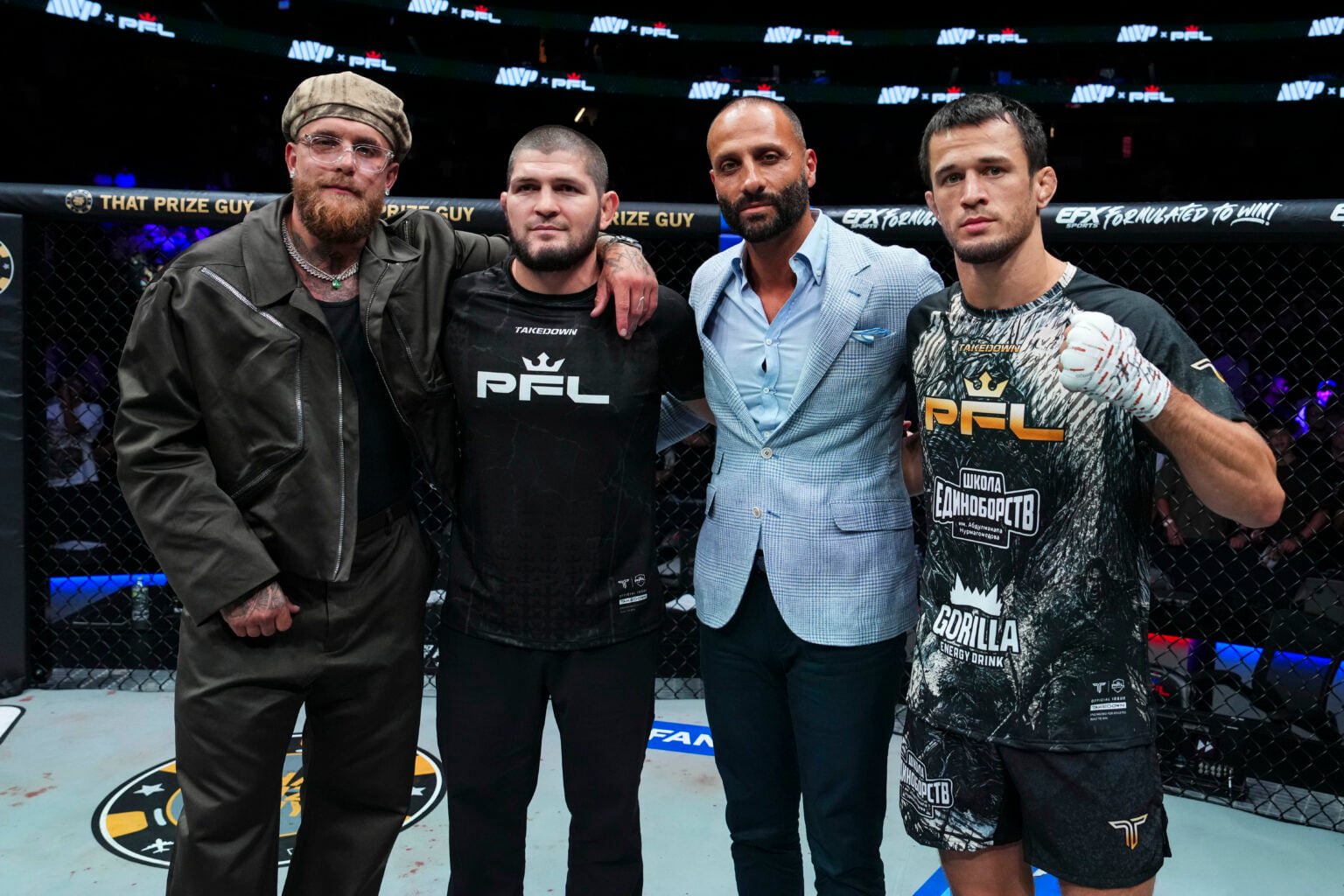 Jake Paul, Khabib Nurmagomedov, Nakisa Bidarian and Usman Nurmagomedov pose for photo