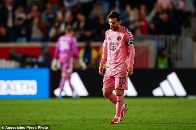 Inter Miami forward Lionel Messi reacts after the New York Red Bulls scored a second goal during an MLS soccer match, Saturday, Oct. 24, 2026, in Harrison, N.J. (AP Photo/Eduardo Munoz Alvarez)