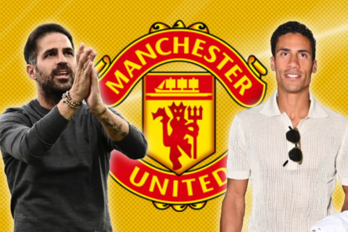 Cesc Fabregas, Manchester United badge and Raphael Varane