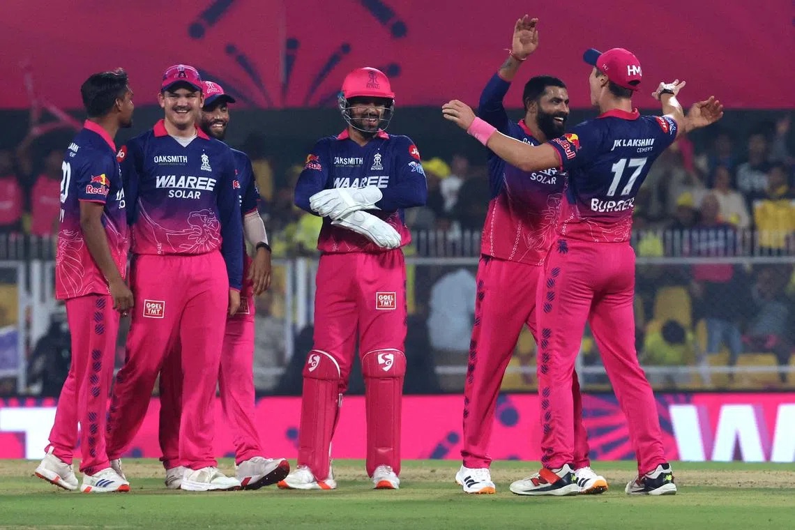 Cricket - Indian Premier League - IPL - Rajasthan Royals v Chennai Super Kings - Assam Cricket Association Stadium, Guwahati, India - March 30, 2026 Rajasthan Royals' Ravindra Jadeja celebrates with teammates after taking the wicket of Chennai Super Kings' Shivam Dube, caught out by Ravi Bishnoi REUTERS/Sahiba Chawdhary