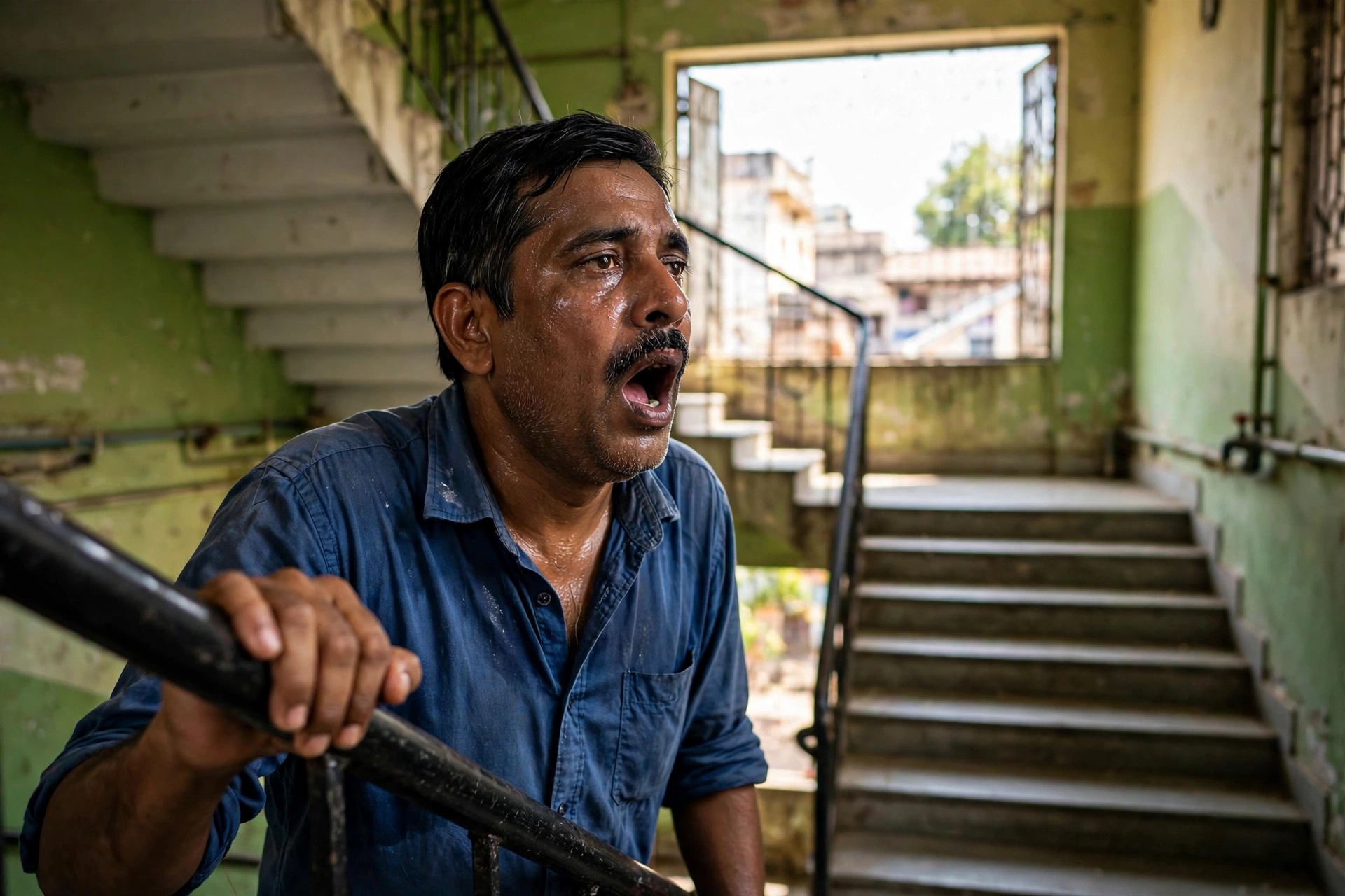 breathlessness climbing stairs causes - सीढ़ियों पर रेलिंग पकड़े भारी सांस लेता व्यक्ति