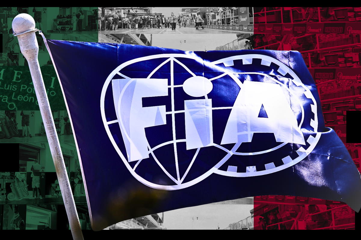 The blue FIA flag edited over a paddock-themed background in the Mexican flag colours — Photo: © IMAGO