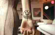 A Neptune minimalist tattoo design on the wrist of a woman