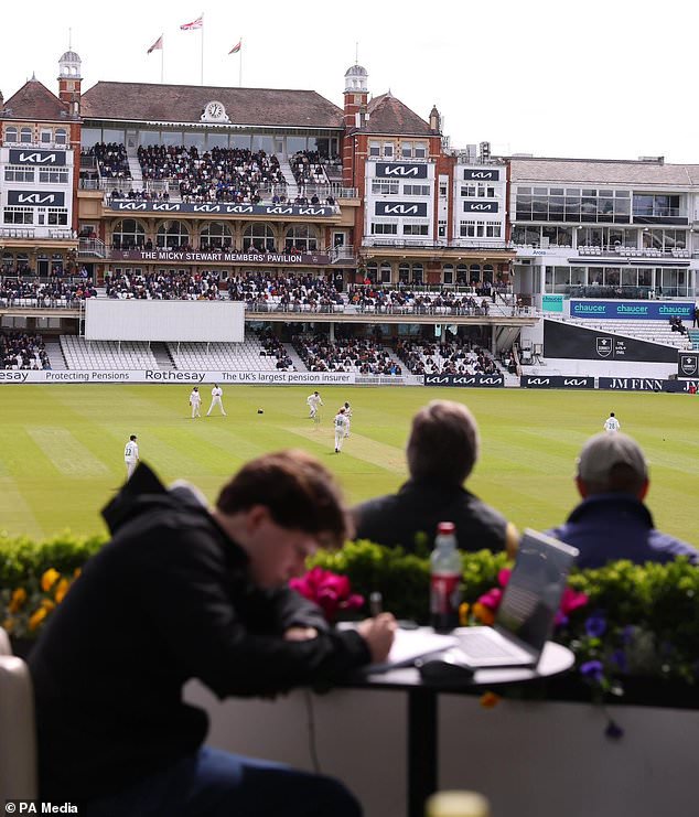 A fan works at his laptop while watching Surrey v Leicestershire (Surrey CCC handout/PA)