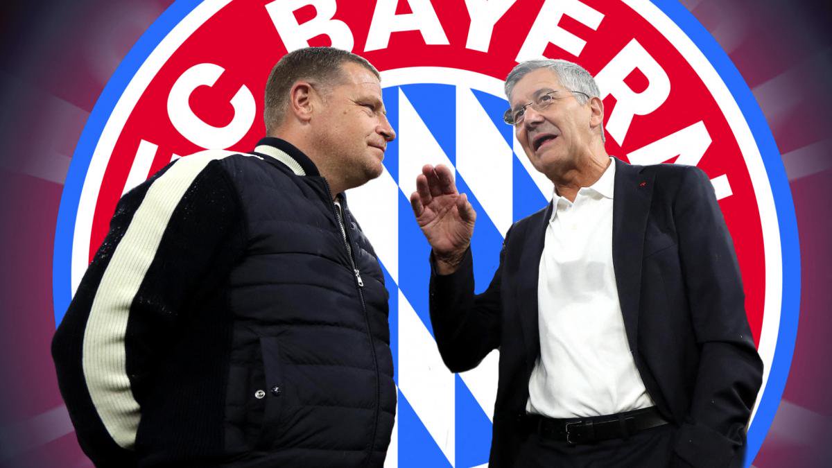 Sportvorstand Max Eberl lauscht FCB-Präsident Herbert Hainer