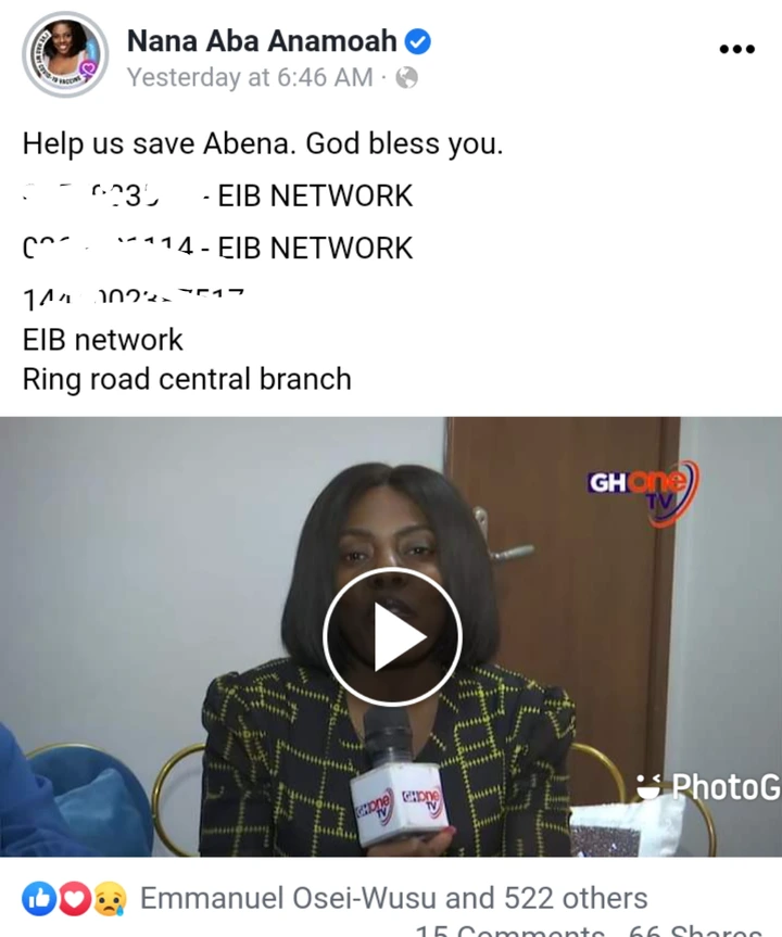 "I am on my knees begging, please help let's save Abena"- Nana Aba Anamoah