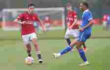 Gabriele Biancheri of Manchester United in action during the U18 Premier League match between Manchester United U18 and Everton U18 at Carrington T...
