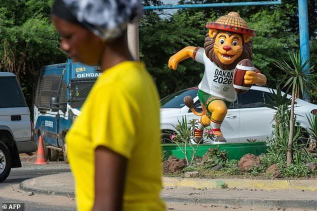 Statues of the Youth Olympics mascot Ayo the lion playing various sports have been installed throughout Dakar