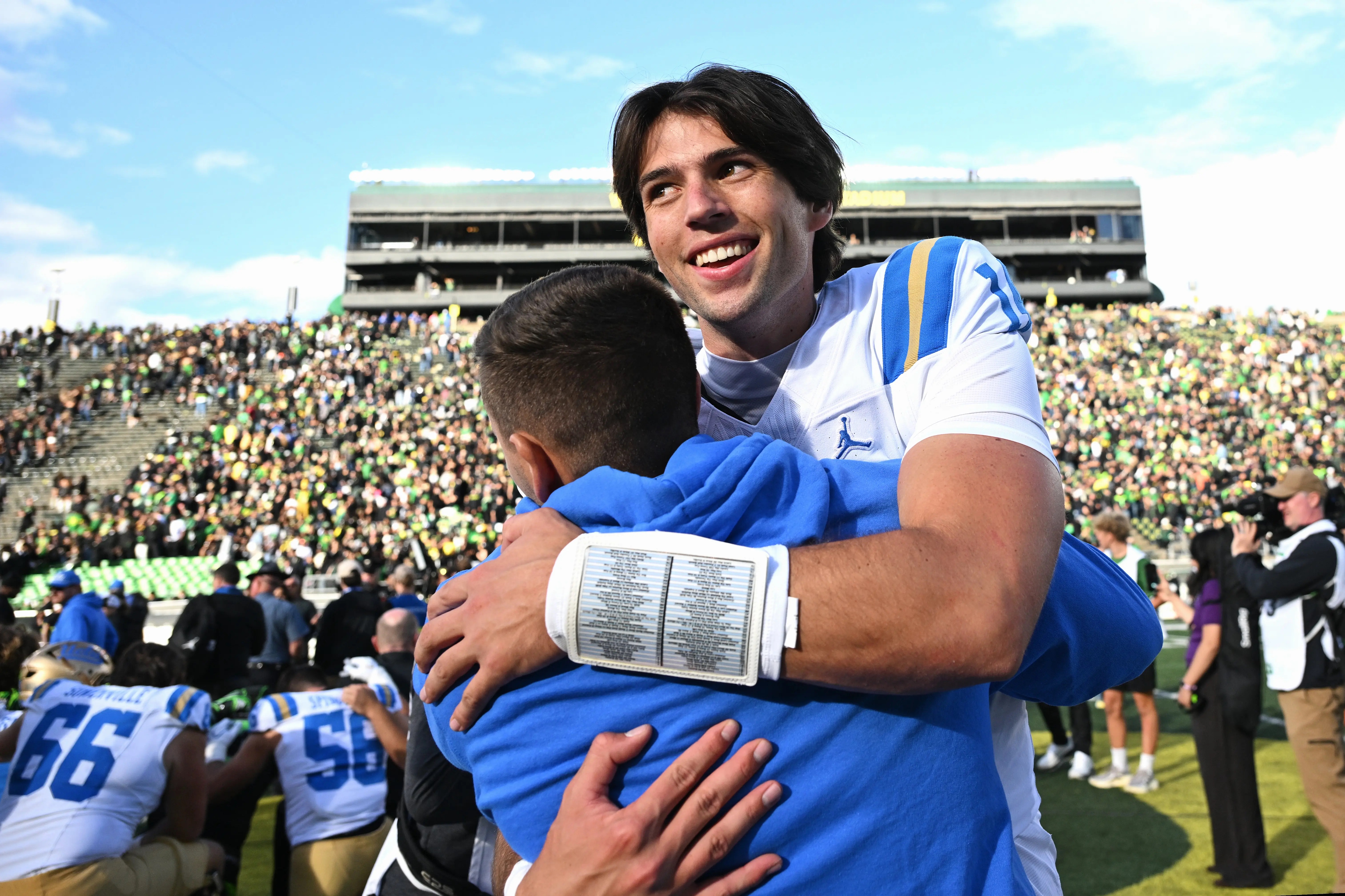 UCLA quarterback Ty Dieffenbach celebrates after beating Oregon.