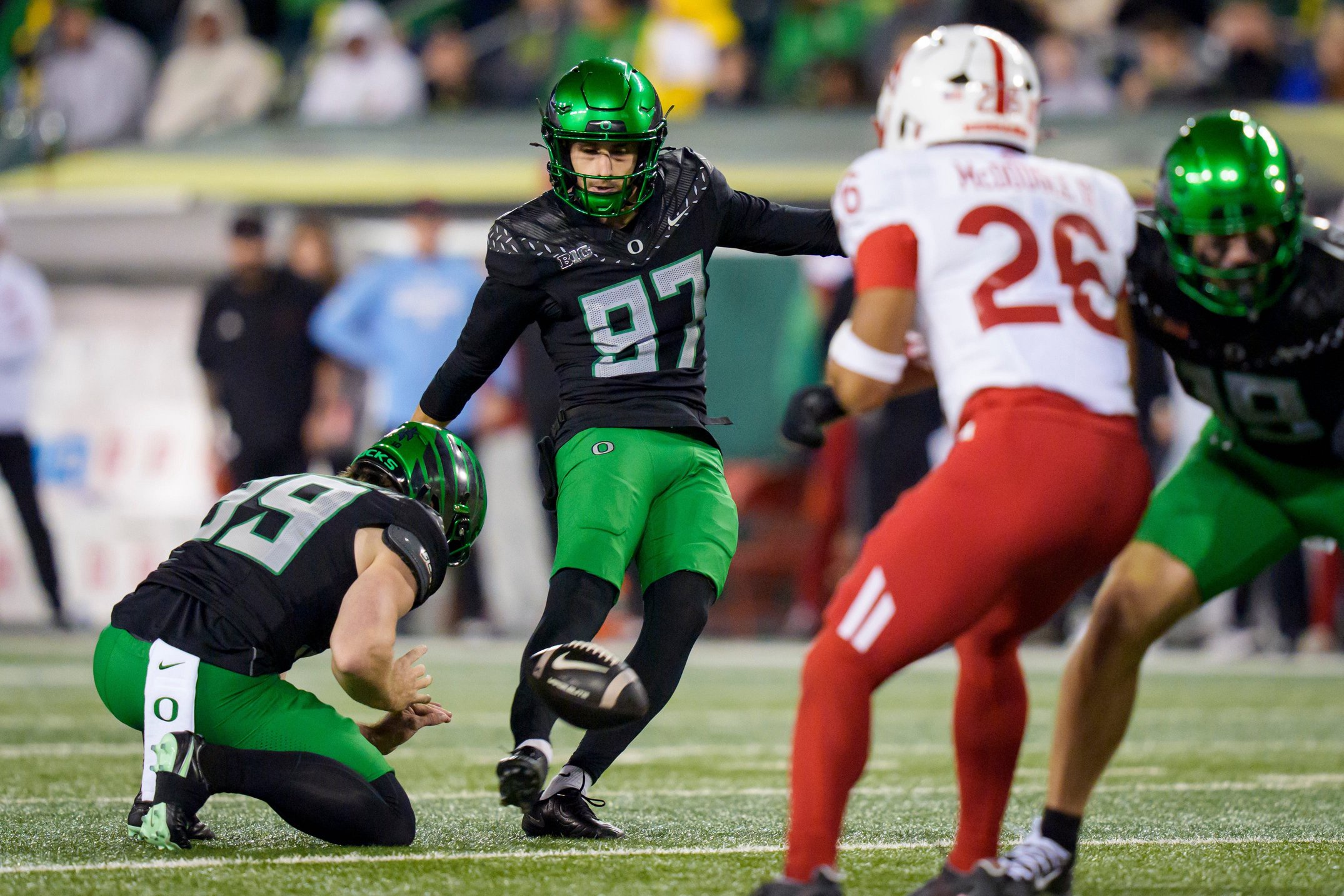 Oregon Ducks kicker Gage Hurych kicks a field goal as the Oregon Ducks host the Nebraska Cornhuskers on Oct. 17, 2026, at Autzen Stadium in Eugene, Oregon.