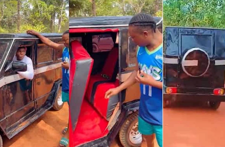 Nigerian Comedian Mama Uka Meets Young Boy Who Built “G-Wagon” As He Also Takes A Ride In The Car