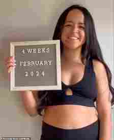 Gabriella Kelly, from Richmond, Virginia, shared a video on social media documenting her pregnancy changes by comparing herself at four weeks pregnant (pictured) and 37 weeks pregnant