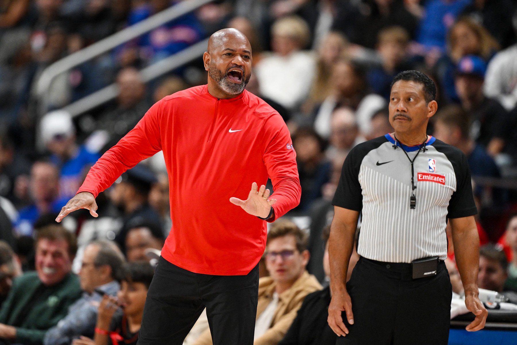 Oct 28, 2026; Detroit, Michigan, USA;  Detroit Pistons head coach J.B. Bickerstaff yells to his team from the sideline against the Charlotte Hornets in the second half at Little Caesars Arena.  Mandatory Credit: Lon Horwedel-Imagn Images