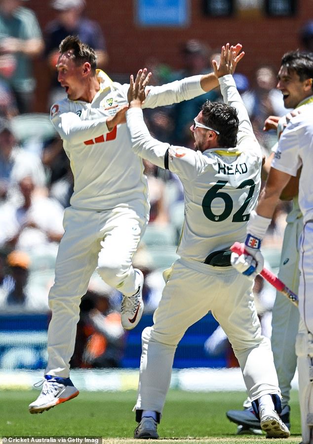 Marnus Labuschagne celebrates taking a spectacular catch to dismiss Ollie Pope on day four of the third Ashes Test against England