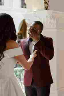 Groom in Maroon Tuxedo Crying Seeing Bride in Wedding Dress 