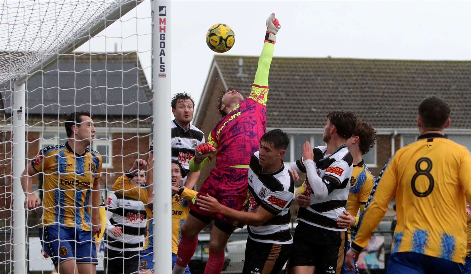 Deal felt aggrieved to have a goal disallowed for a foul on Hashtag United keeper Joseph Whitney as defender Callum Davies lurks at the back post in a 3-1 FA Trophy first-round home defeat. Picture: Paul Willmott