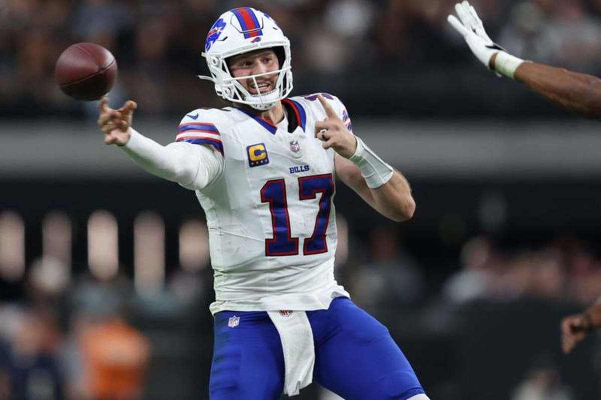 Oct 18, 2026; Paradise, Nevada, USA; Buffalo Bills quarterback Josh Allen (17) throws a pass in the fourth quarter against the Las Vegas Raiders at Allegiant Stadium. © David Brytus-Imagn Images
