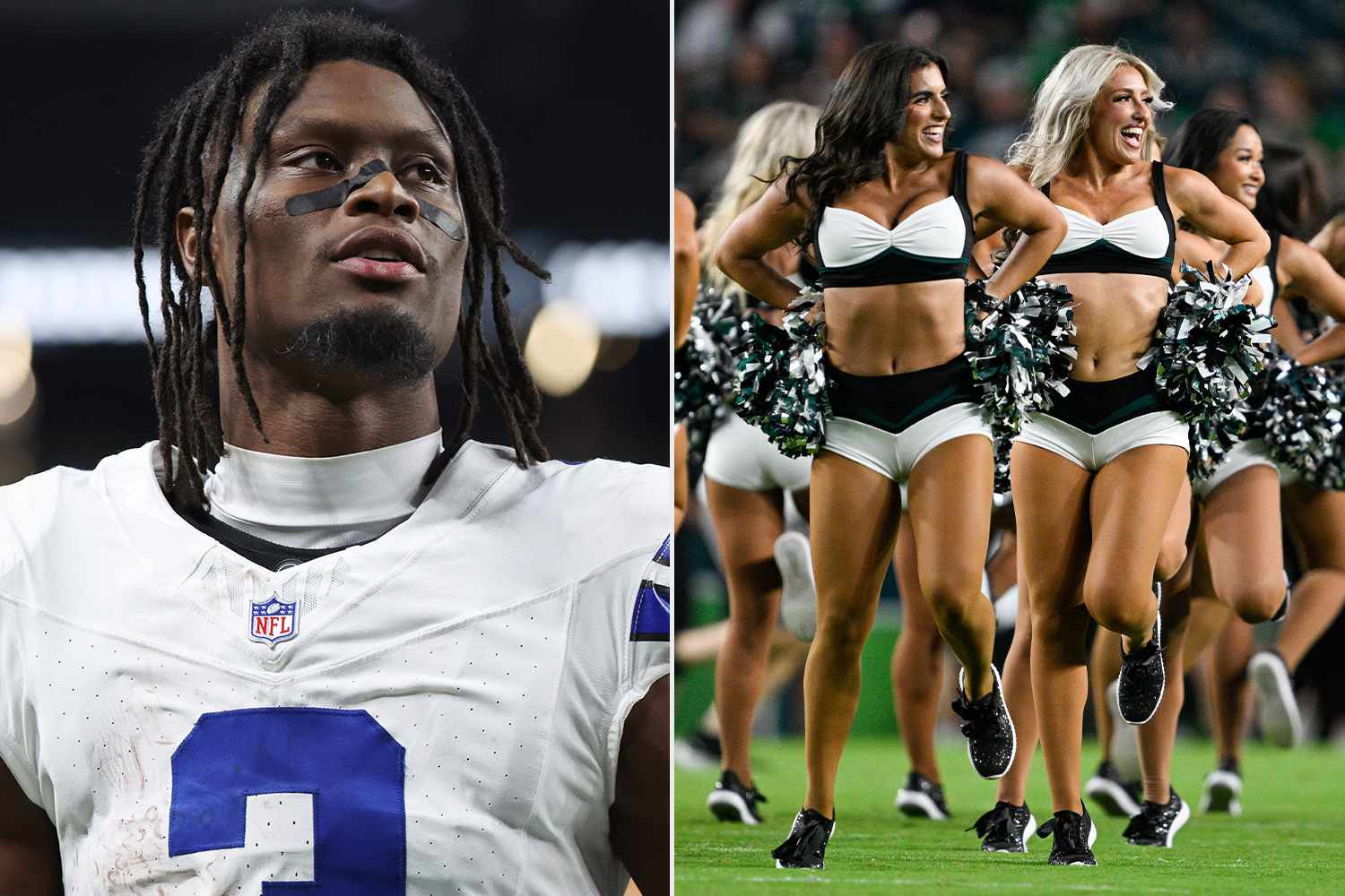 George Pickens; Philadelphia Eagles cheerleaders.Credit: Ian Maule/Getty; Terence Lewis/Icon Sportswire via Getty