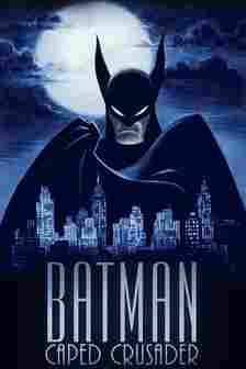 Batman Caped Crusader Poster Showing Batman in front of the Moon Hovering over Gotham City