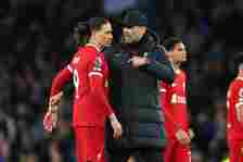 LIVERPOOL, ENGLAND - APRIL 24: Jurgen Klopp the head coach / manager of Liverpool consoles a dejected Darwin Nunez of Liverpool after his teams 2-0 loss during the Premier League match between Everton FC and Liverpool FC at Goodison Park on April 24, 2024 in Liverpool, England.(Photo by Robbie Jay Barratt - AMA/Getty Images)