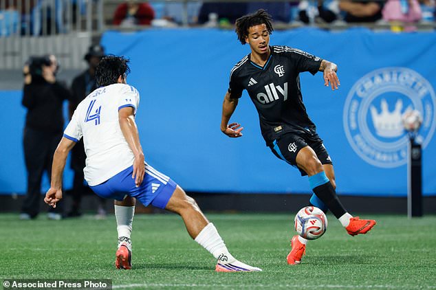 Charlotte FC forward Idan Toklomati, right, moves the ball against CF Montreal defender Brayan Vera during the first half of an MLS soccer match in Charlotte, N.C., Wednesday, Oct. 28, 2026. (AP Photo/Nell Redmond)
