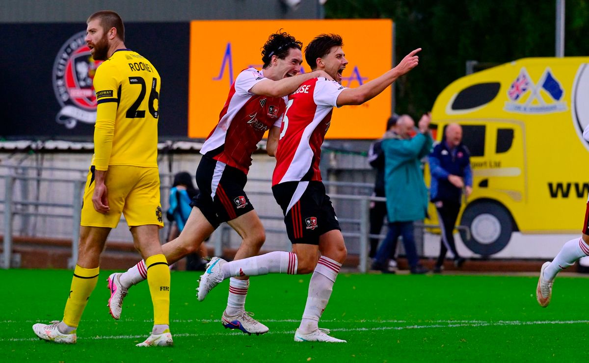 Goal celebrations for  Luca Woodhouse of Exeter City during the Sky Bet League 2 match between Exeter City and Fleetwood Town at St James Park, Exeter on 24 October 2026 (Photo: Tom Sandberg/PPAUK)
