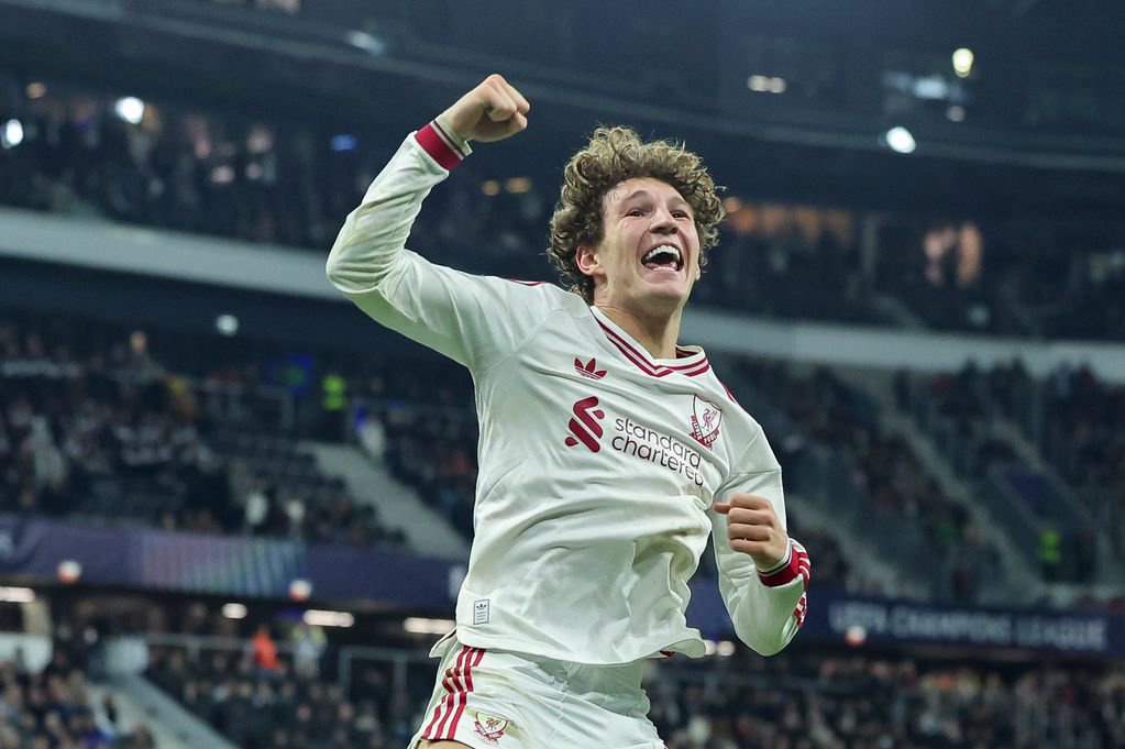 Lewis Koumas celebrates scoring for Liverpool against LASK
