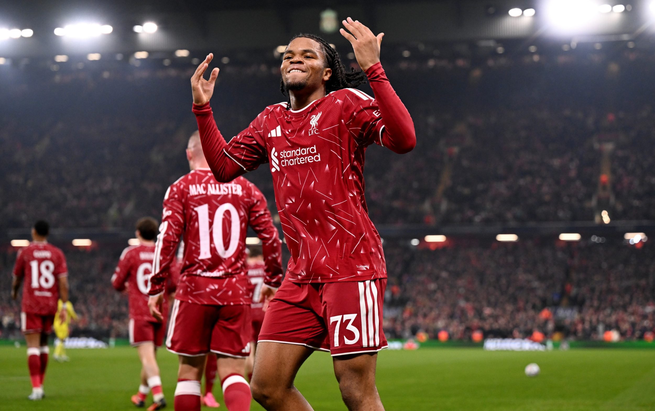 Rio Ngumoha of Liverpool celebrates his teamâ€™s third goal scored by teammate Alexis Mac Allister during the UEFA Champions League 2026/27 League Phase MD3 match between Liverpool FC and Villarreal CF at Anfield on October 20, 2026 in Liverpool, Englan
