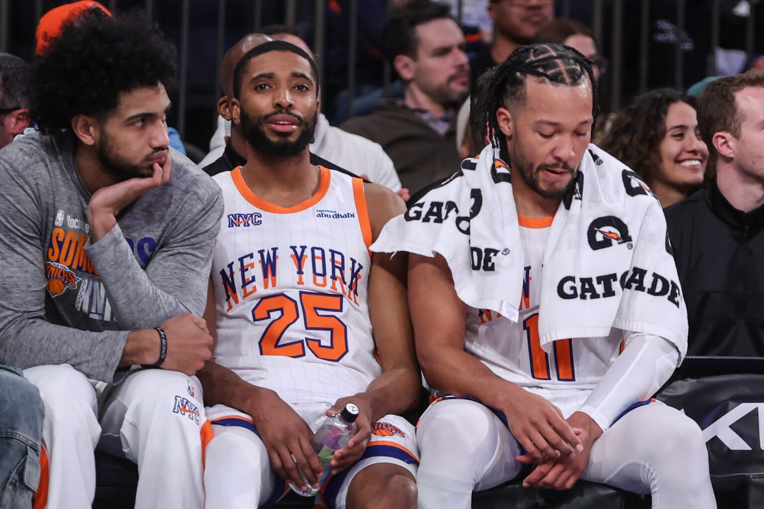 Jan 17, 2025; New York, New York, USA; New York Knicks forwards Jacob Toppin (00), Mikal Bridges (25) and guard Jalen Brunson (11) at Madison Square Garden. Mandatory Credit: Wendell Cruz-Imagn Images