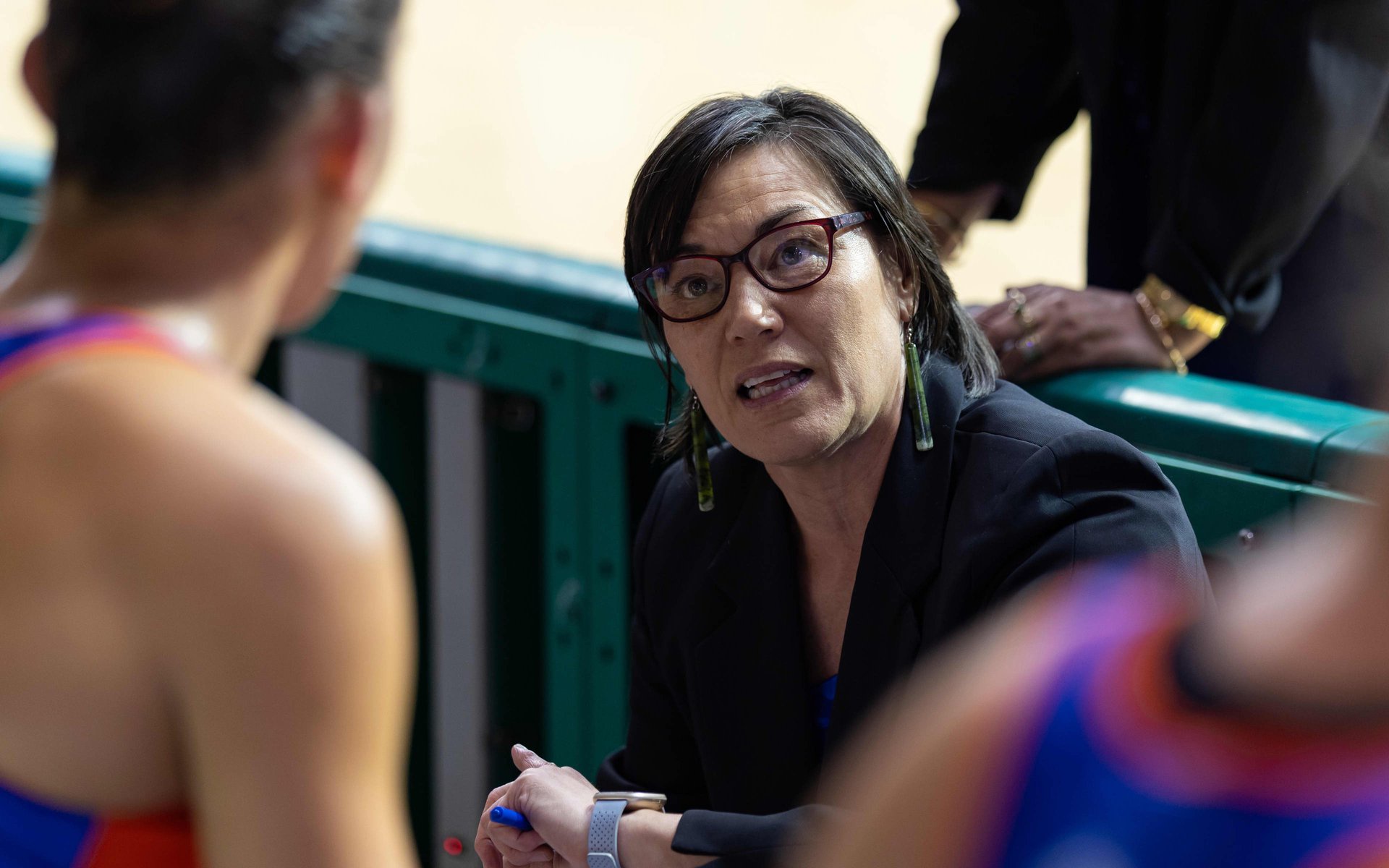 Tia Winikerei Head Coach of the Mystics giving instructions to Tayla Earle of the Mystics after first quarter during Mystics vs Stars at Trusts Arena, Auckland, New Zealand on Saturday 16 May 2026. Photo: Joshua Devenie / Photosport
