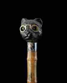 19th Century Walking Stick, Topped With A Cat Wearing Goggles