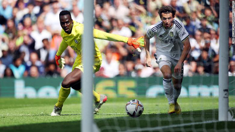 Aaronson scores his first goal for Leeds United. 