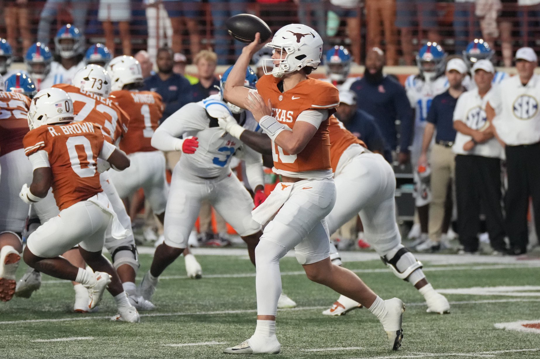 Texas quarterback Arch Manning (16) throws a pass during the first quarter against Mississippi at Darrell K Royal-Texas Memorial Stadium on Oct. 24, 2026 in Austin, Texas.
