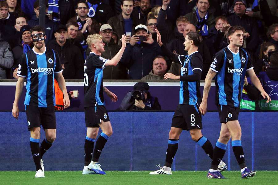 Club Brugge's Joaquin Seys celebrates scoring his second goal with Freddie Potts 