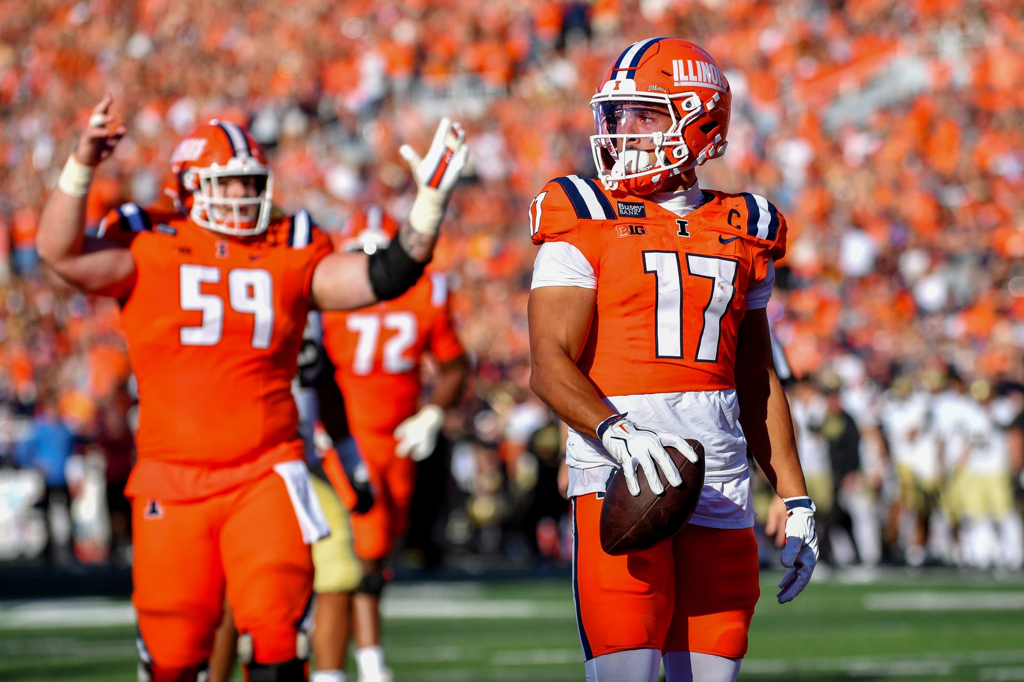 Oct 3, 2026; Champaign, Illinois, USA;  Illinois Fighting Illini wide receiver Collin Dixon (17) reacts after scoring a touchdown during the first half against the Purdue Boilermakers at Gies Memorial Stadium.  Mandatory Credit: Ron Johnson-Imagn Images