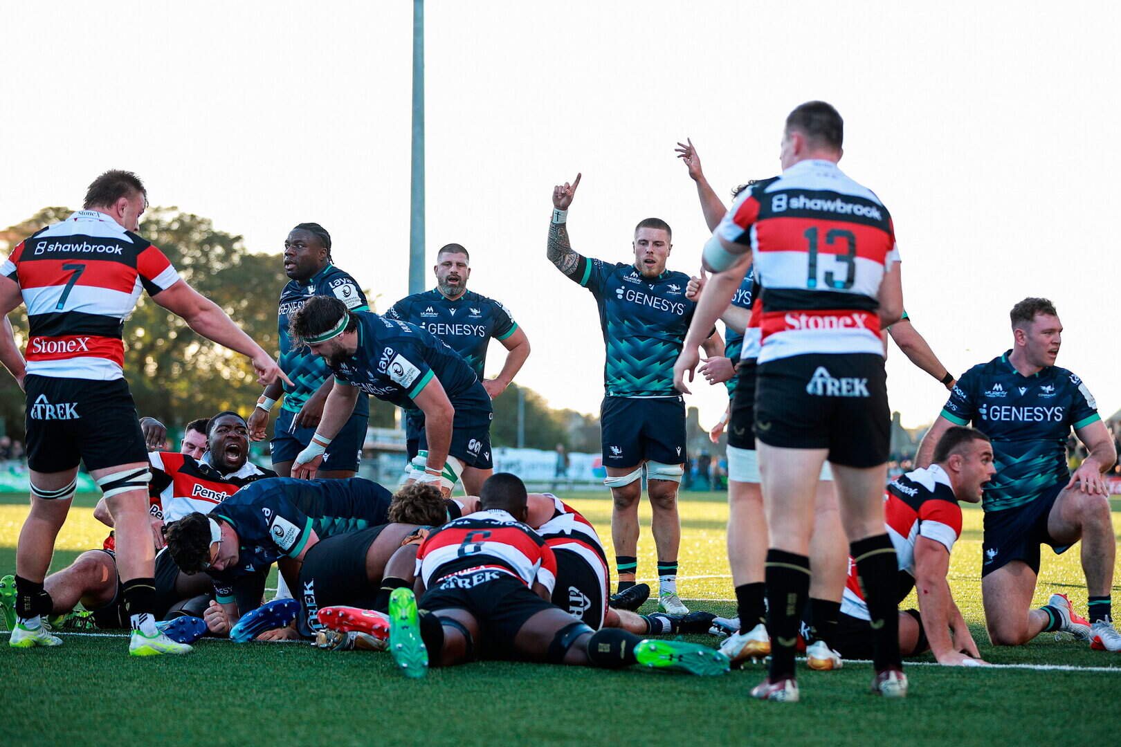 Connacht players react after their side's first try, scored by Cian Prendergast, during the Champions Cup round one clash at Dexcom Stadium in Galway