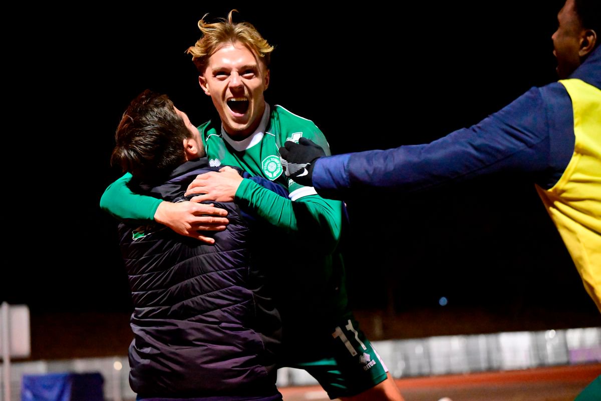 Goal celebrations for James Daly of Yeovil Town with Billy Rowley Manager of Yeovil Town after scoring their side's 2nd goal for 0-2 during the Enterprise National League match between Hornchurch and Yeovil Town at Hornchurch Stadium, Upminster on 27 October 2026 (Photo: Alan Stanford/PPAUK)