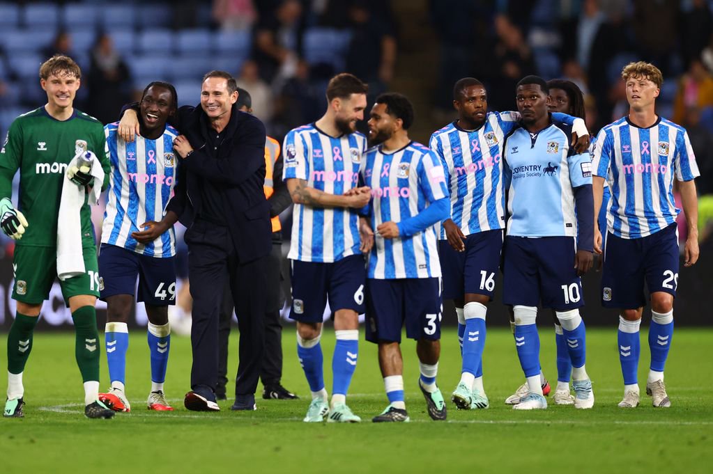 Frank Lampard celebrates Coventry City's win over Newcastle United with Sidiki Cherif 