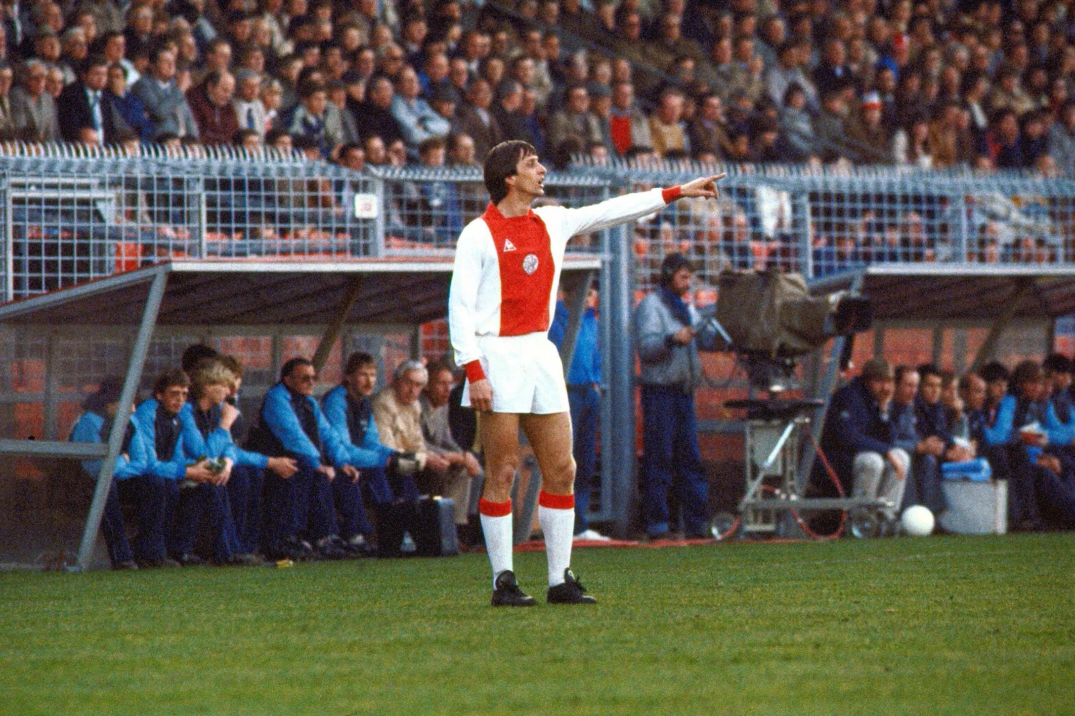 Dutch football star Johan Cruijff giving directions during the match Ajax vs NEC (5-0) in Amsterdam.