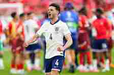 Declan Rice of England celebrating at full time during the UEFA Euro 2024 match between England and Switzerland. Quarter Finals, played at Dusserdo...