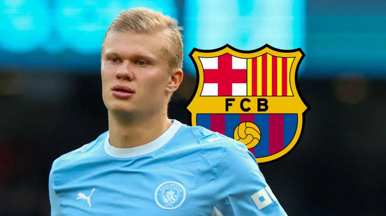 Man City striker Erling Haaland next to the Barcelona badge - copyright F365