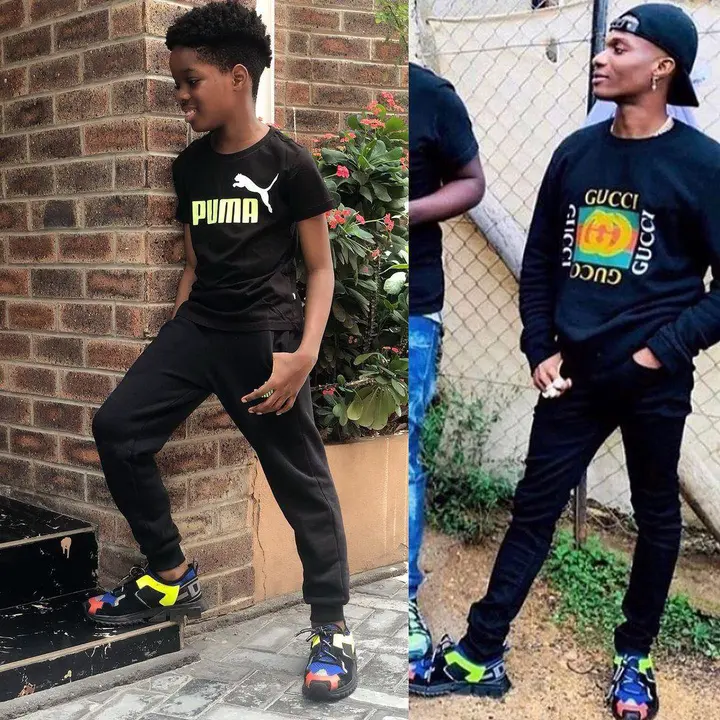 Tell daddy I rocked his kicks better" - Wizkid's son, Tife says as he poses in dad's shoes