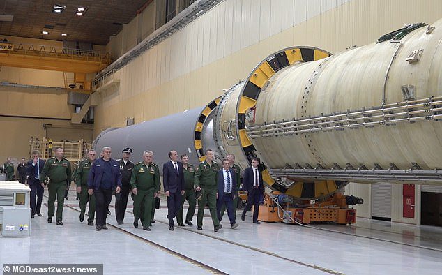 Pictured: Russian Defense Minister Sergei Shoigu is seen visiting Sarmat's production facilities in the Krasnoyarsk region