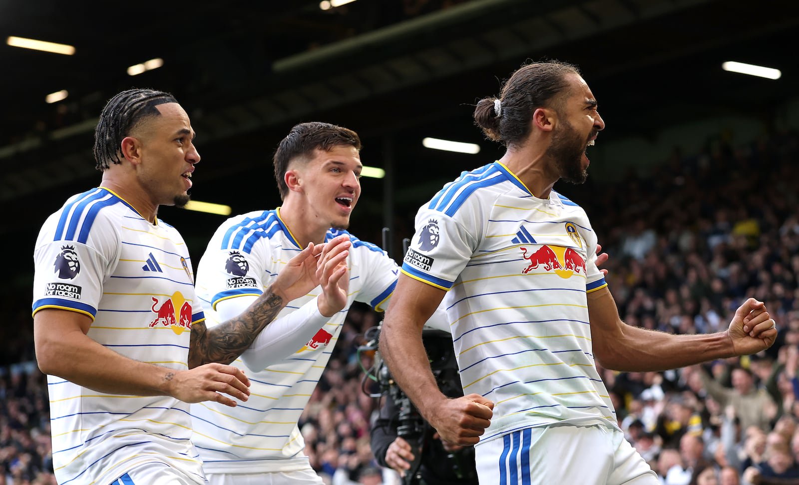 Dominic Calvert-Lewin celebrates scoring Leeds United's equaliser during the Premier League game against Manchester United at Elland Road. Photograph: Stu Forster/Getty Images