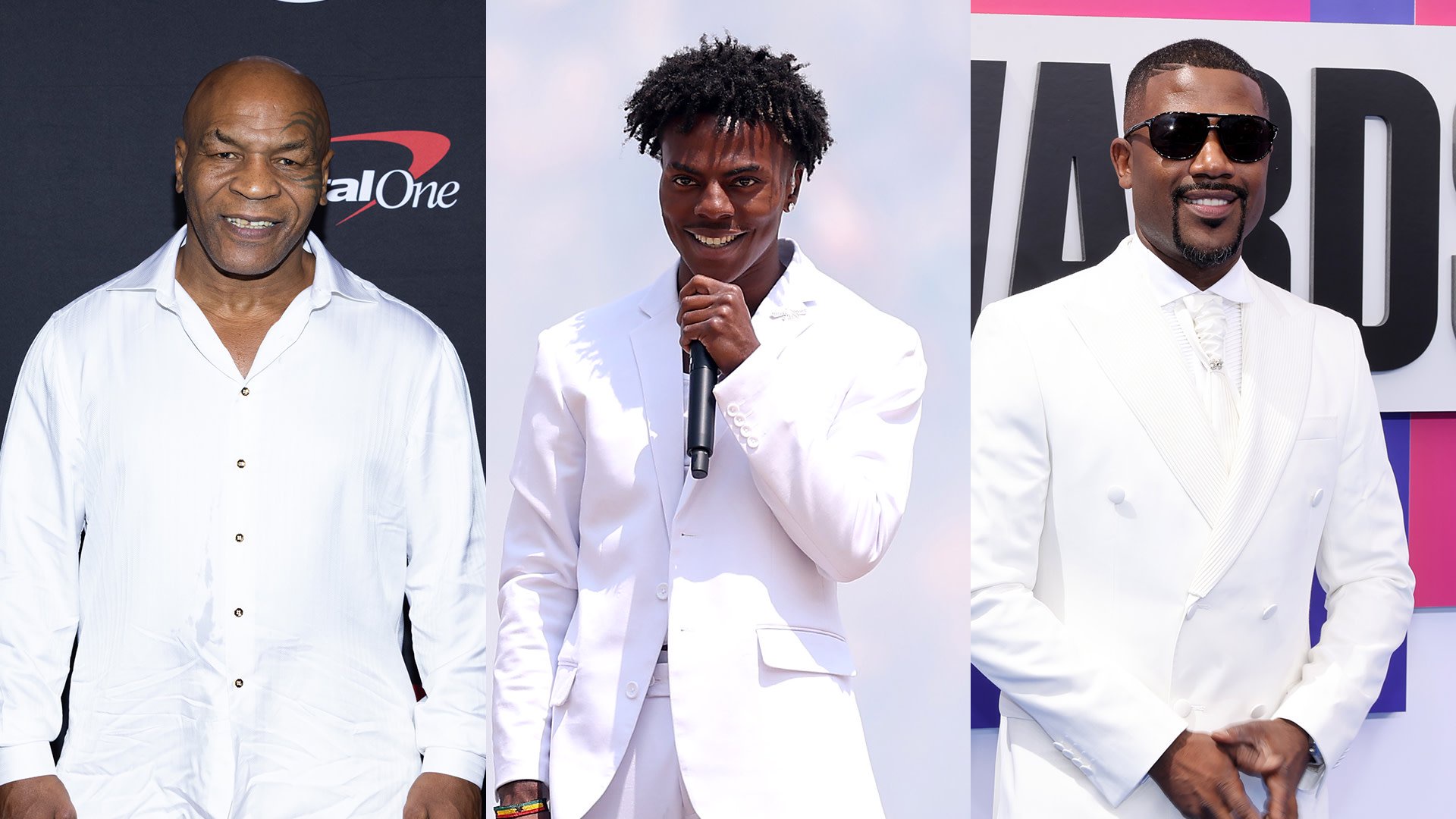 Mike Tyson, IShowSpeed, and Ray J are pictured. Tyson and Ray J wear white suits, while Speed holds a microphone.