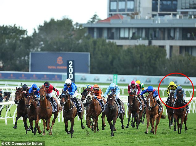 Are You Kidding (circled, in the black and yellow strip) finished more than 19 lengths behind the winner, Green Spaces