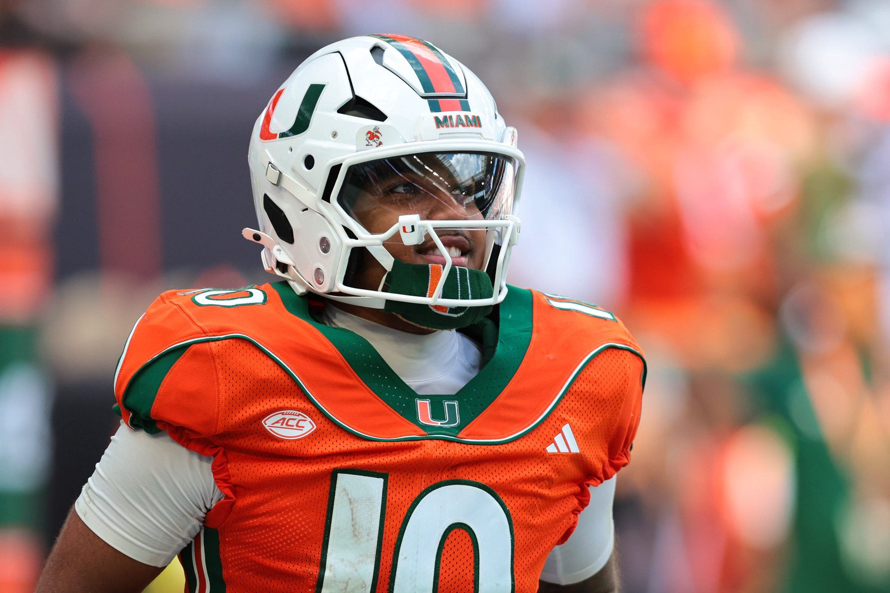 Oct 24, 2026; Miami Gardens, Florida, USA; Miami Hurricanes quarterback Darian Mensah (10) looks on after throwing a touchdown pass against the Pittsburgh Panthers during the fourth quarter at Hard Rock Stadium. Mandatory Credit: Sam Navarro-Imagn Images